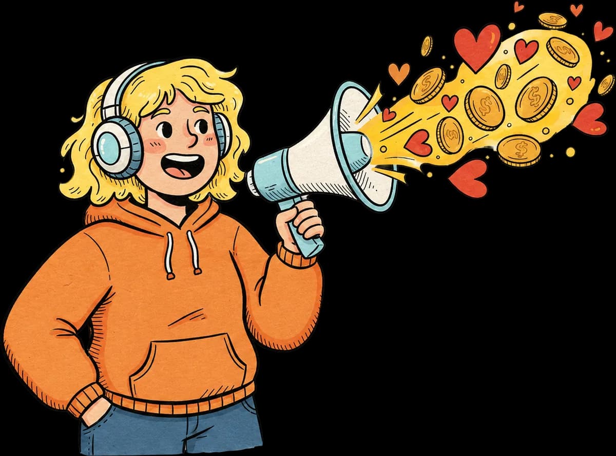 A creator announcing Polyscribe through a megaphone