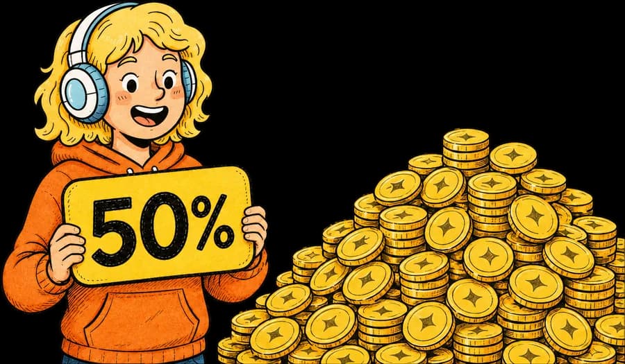 A creator holding a 50% sign beside a pile of coins