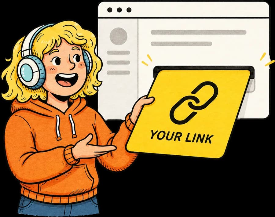 A creator holding up a card with their referral link