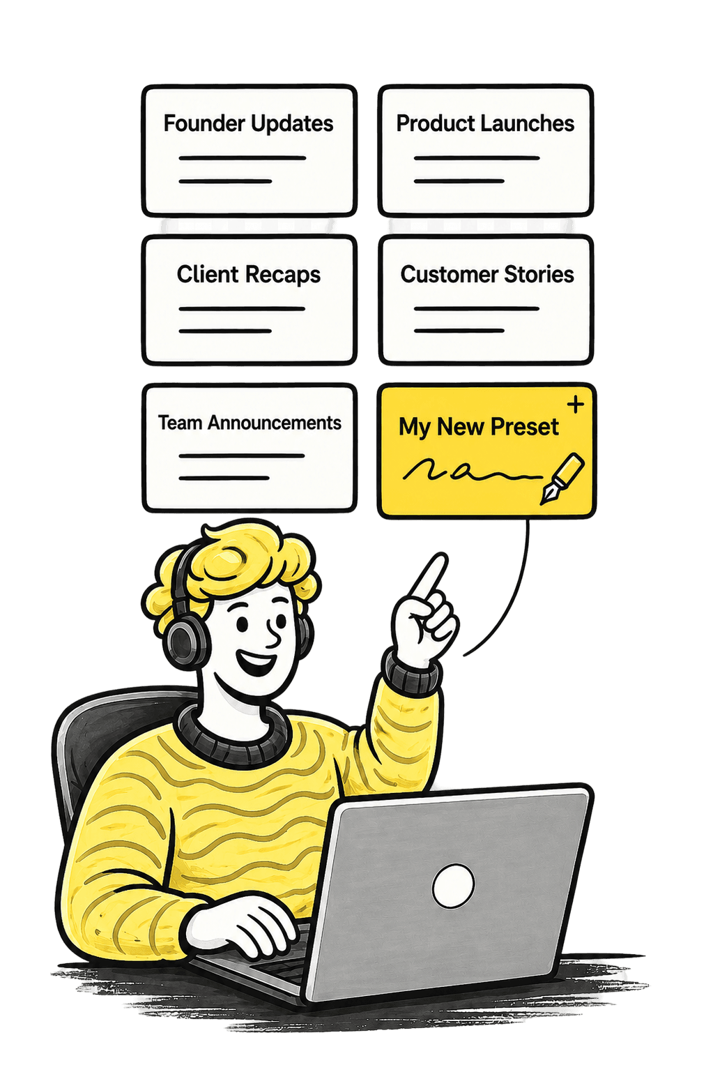 A writer selecting from custom writing presets